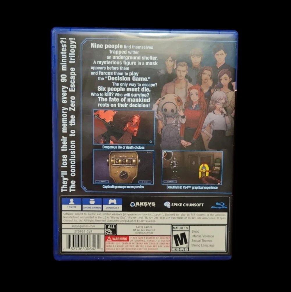 Zero Escape Zero Time Dilemma (Playstation 4 or PS4) Console Disc Game